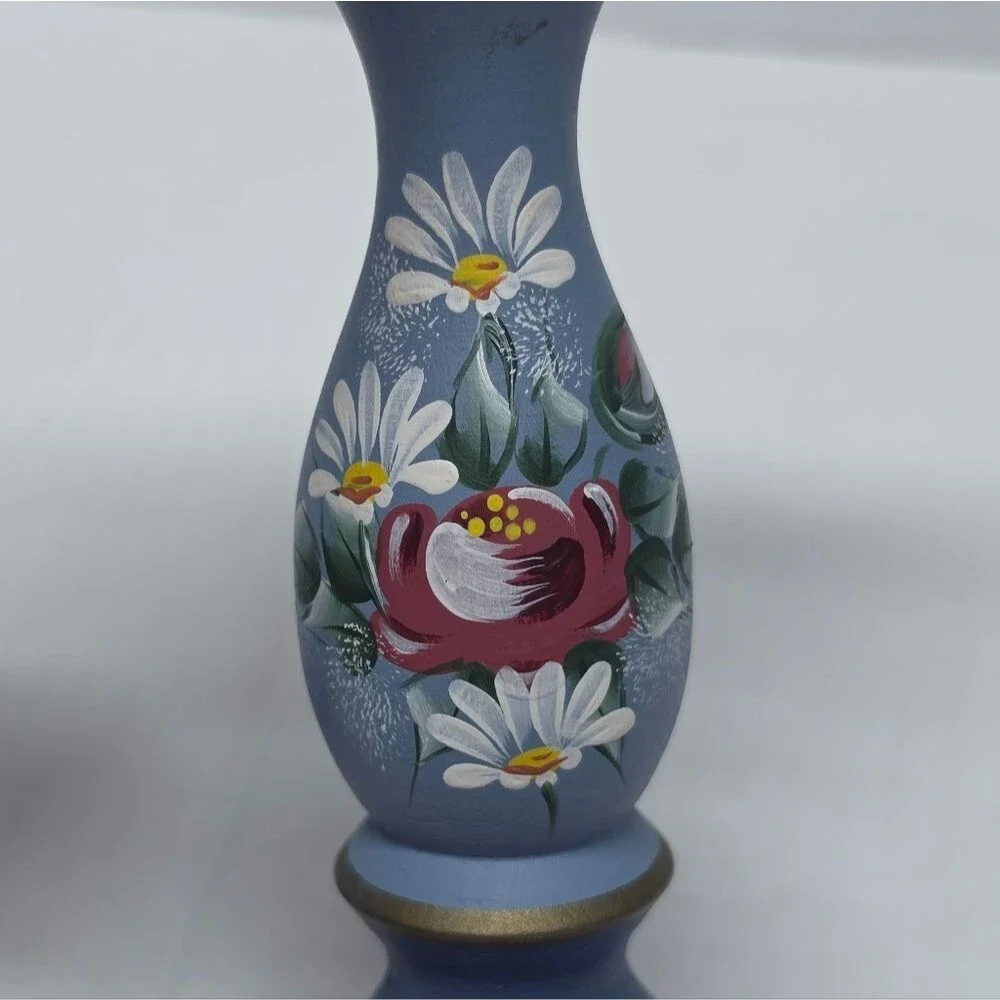 Vintage Swedish Handpainted Blue Floral Wooden Candlestick Holders Set Folk Art